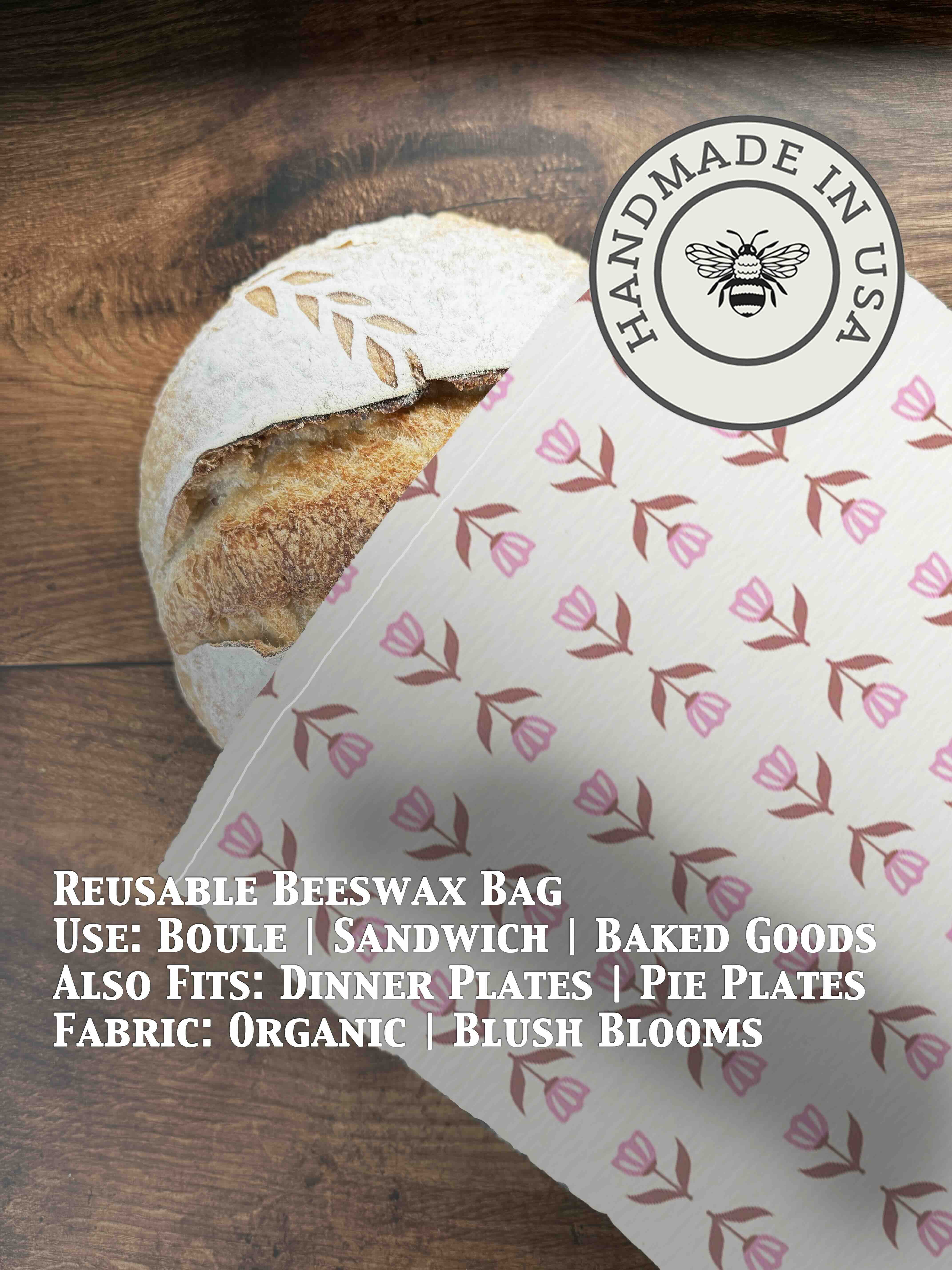 Beeswaxed bread bag from Five Oaks Farm, made of natural fabric with green beeswax coating for bread storage.