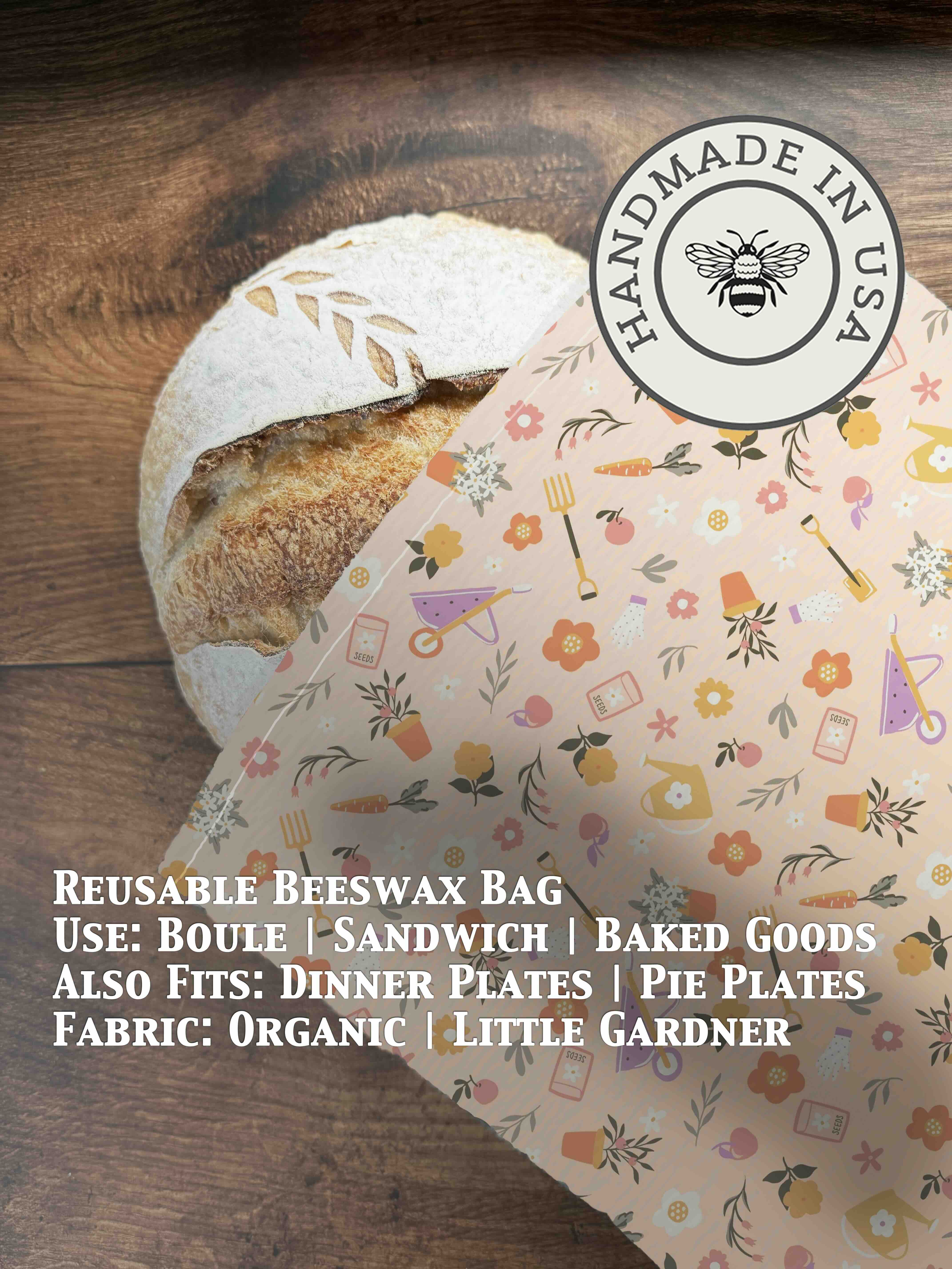Green beeswaxed bread bag from Five Oaks Farm, natural fabric with beeswax coating for storing bread.