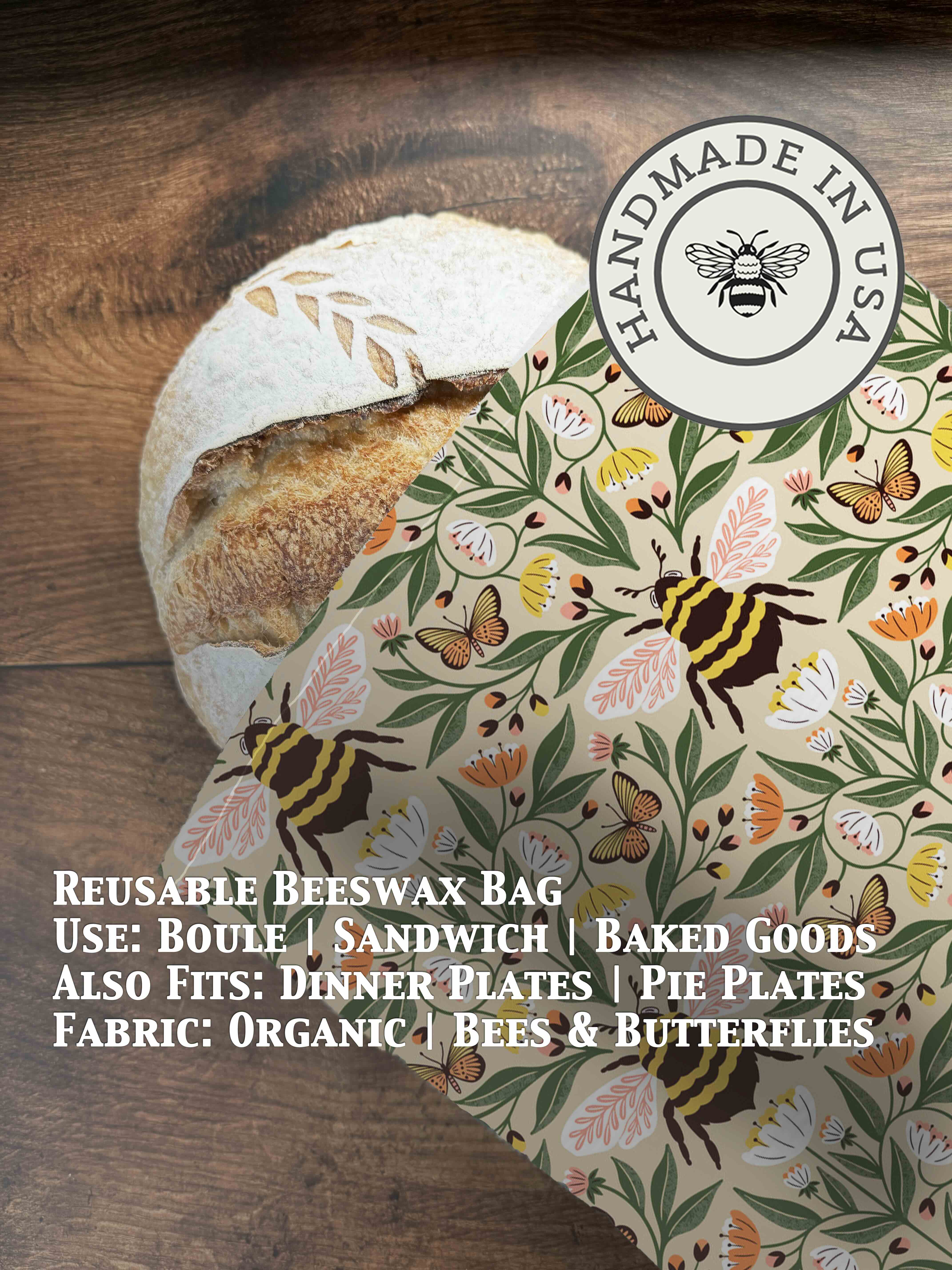 Beeswaxed bread bag from Five Oaks Farm, green fabric with natural beeswax coating, designed for storing fresh bread.