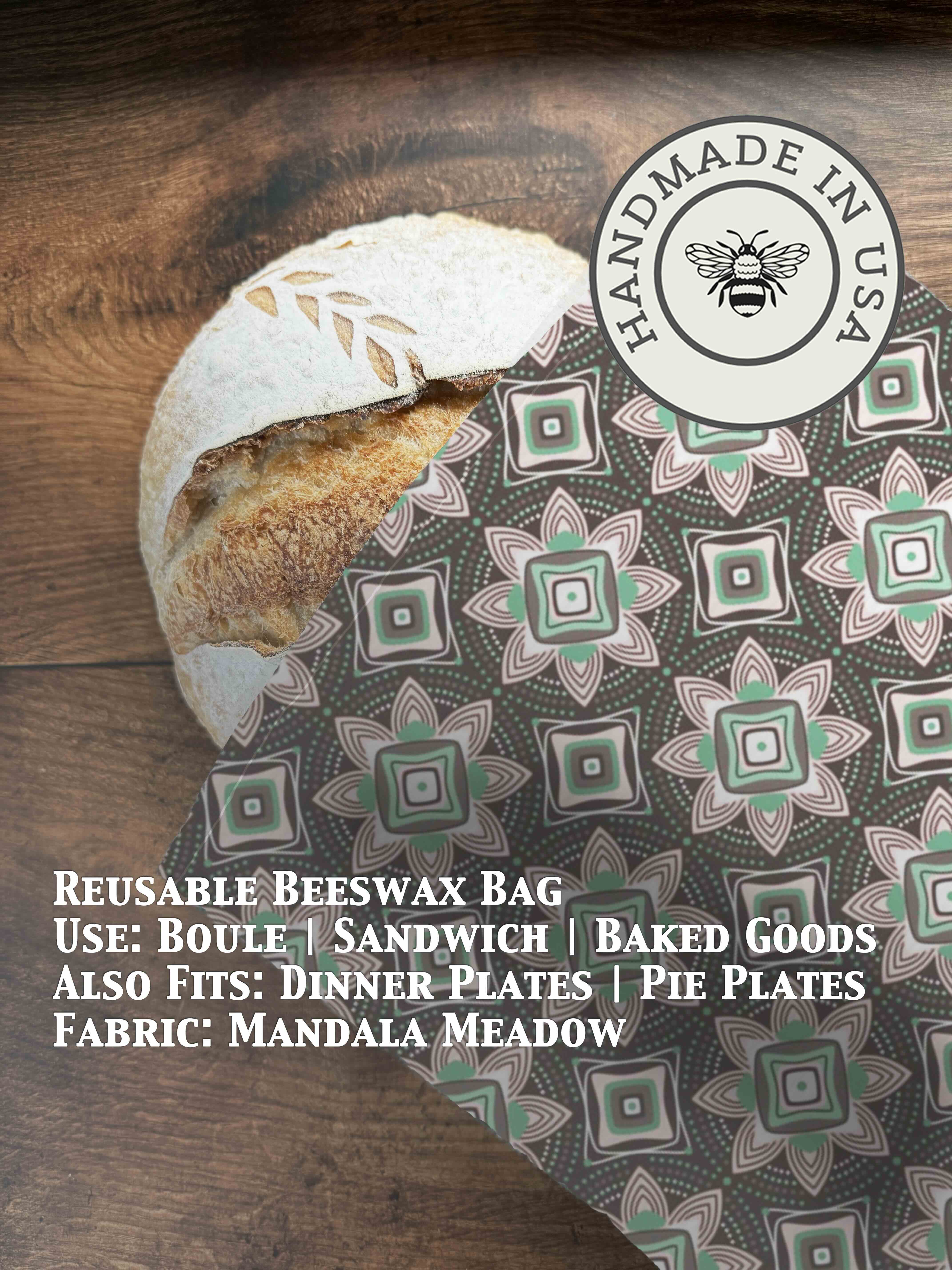 Beeswaxed bread bag from Five Oaks Farm in green, natural linen with beeswax coating for fresh bread storage.