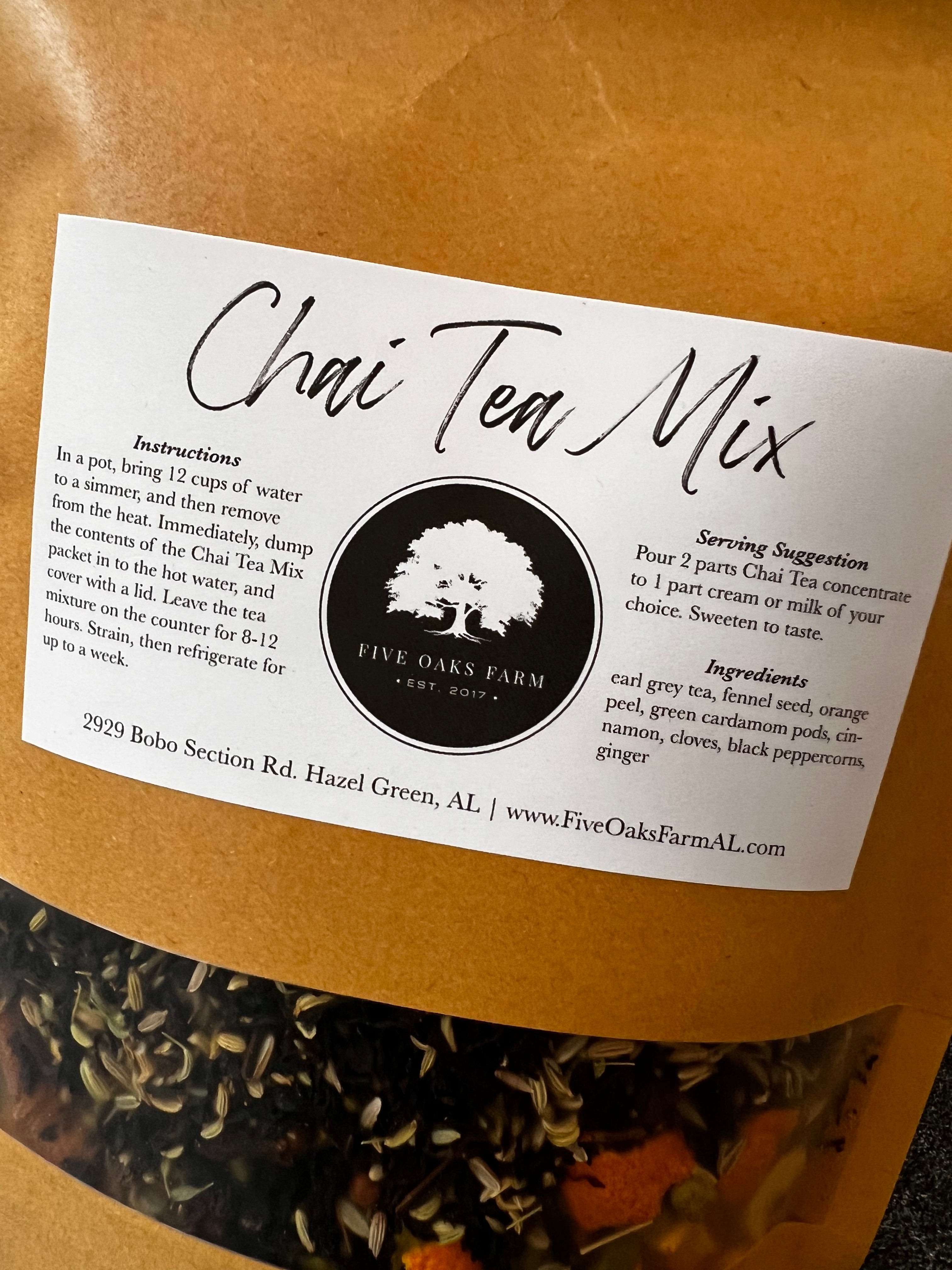 Five Oaks Farm chai tea mix in a bag, showcasing the rustic packaging of the from-the-farm chai tea blend.