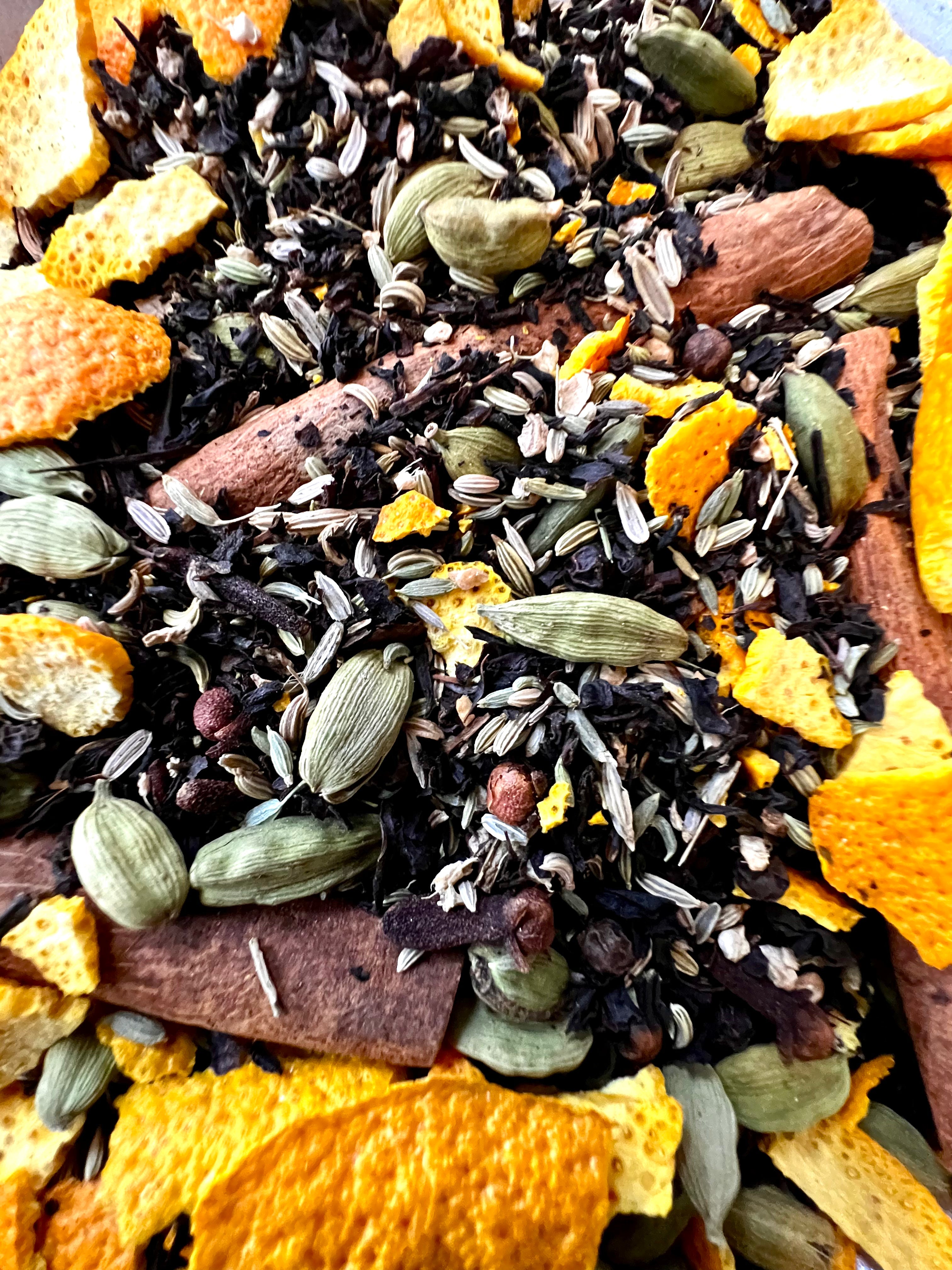 Five Oaks Farm Chai Tea Mix in a jar, showing a warm, spiced blend of chai tea ingredients from the farm.