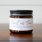 Frankencense Tallow Balm from Five Oaks Farm, natural skincare product in a jar with a creamy texture and herbal scent.