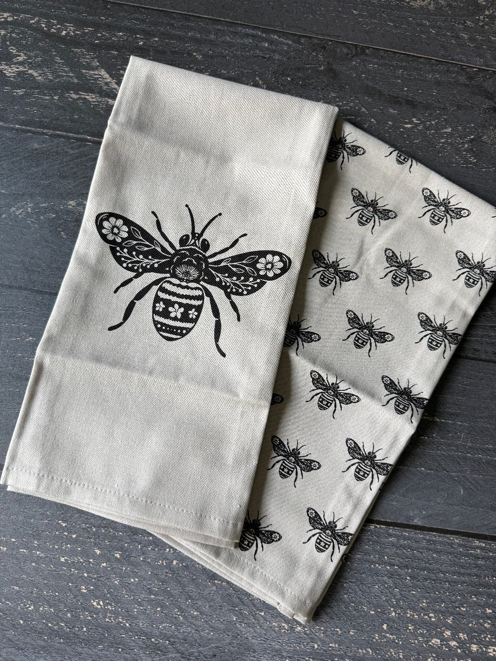 Set of handmade cotton hand towels from Five Oaks Farm featuring rustic farm-themed designs and soft, absorbent fabric.