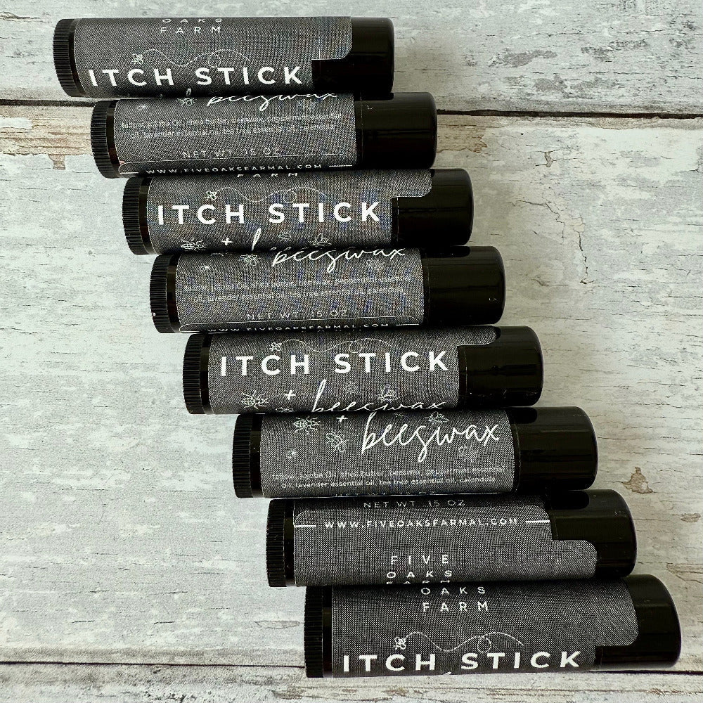 Five Oaks Farm Itch Stick from the Farm, natural remedy for skin irritation, featuring a wooden stick with herbal ingredients.