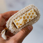 Farmhouse-style soap sack from Five Oaks Farm, made of natural fabric, designed for storing and drying handmade soap.