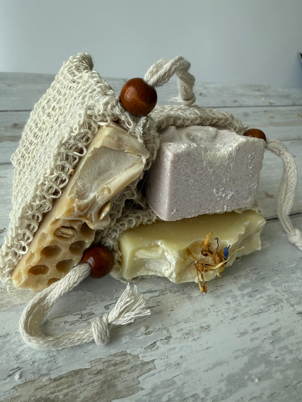 Farmhouse soap sack by Five Oaks Farm, natural cotton bag for soap storage and drying, rustic and eco-friendly design.