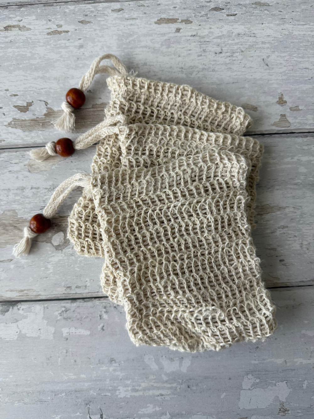 Natural soap sack from Five Oaks Farm, made from farm-fresh materials, perfect for storing and drying handmade soaps.