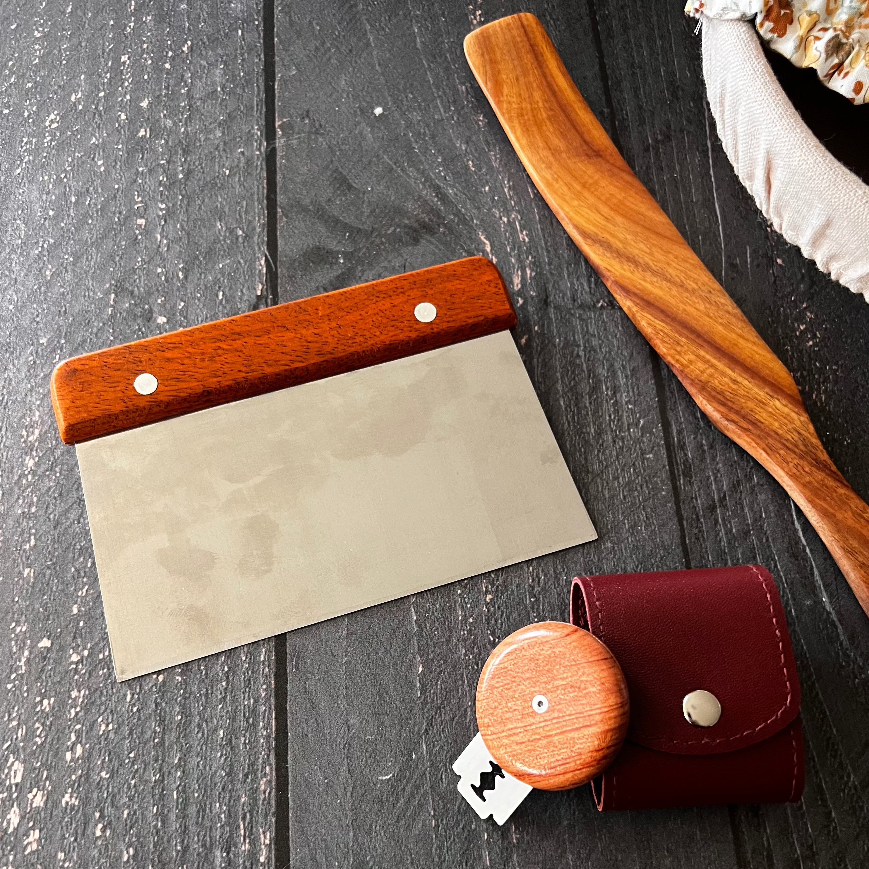 Sourdough tool bundle from Five Oaks Farm, includes baking tools for sourdough bread making on a wooden surface.