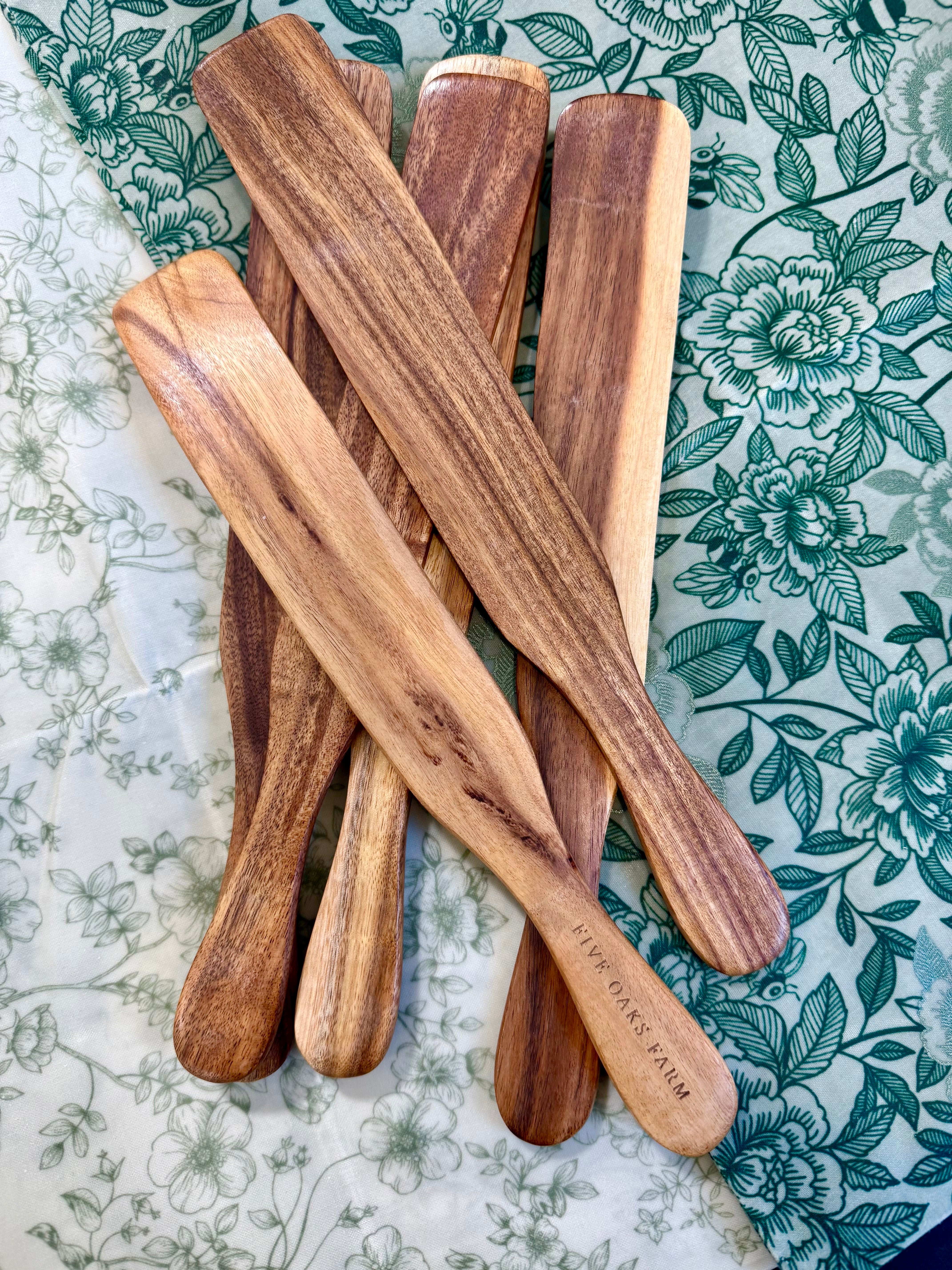 Wooden Spurtle from Five Oaks Farm, handcrafted kitchen utensil for stirring and mixing in cooking and baking.