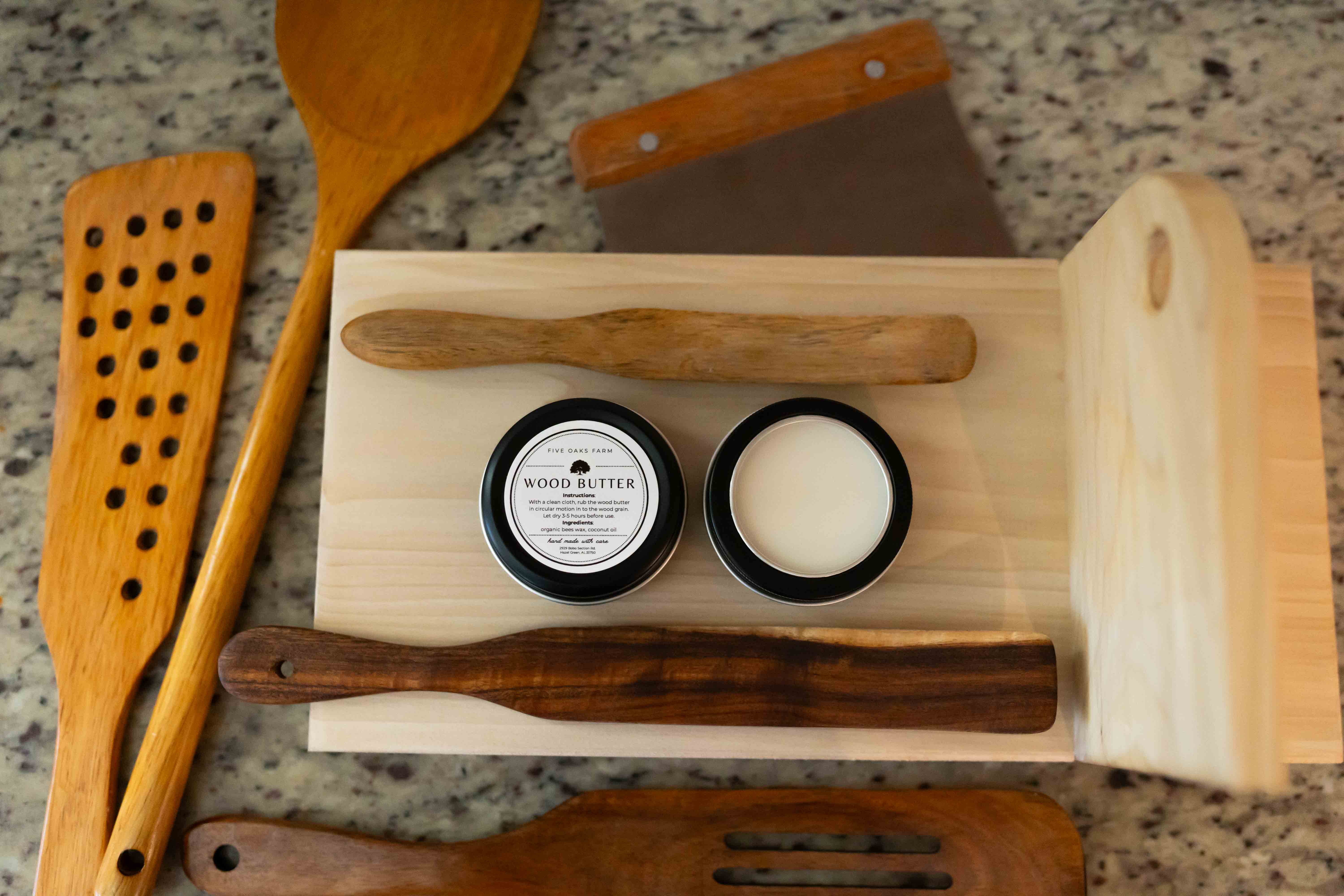 Natural wood butter from Five Oaks Farm, showing a jar of handcrafted wood conditioner and finishing product.