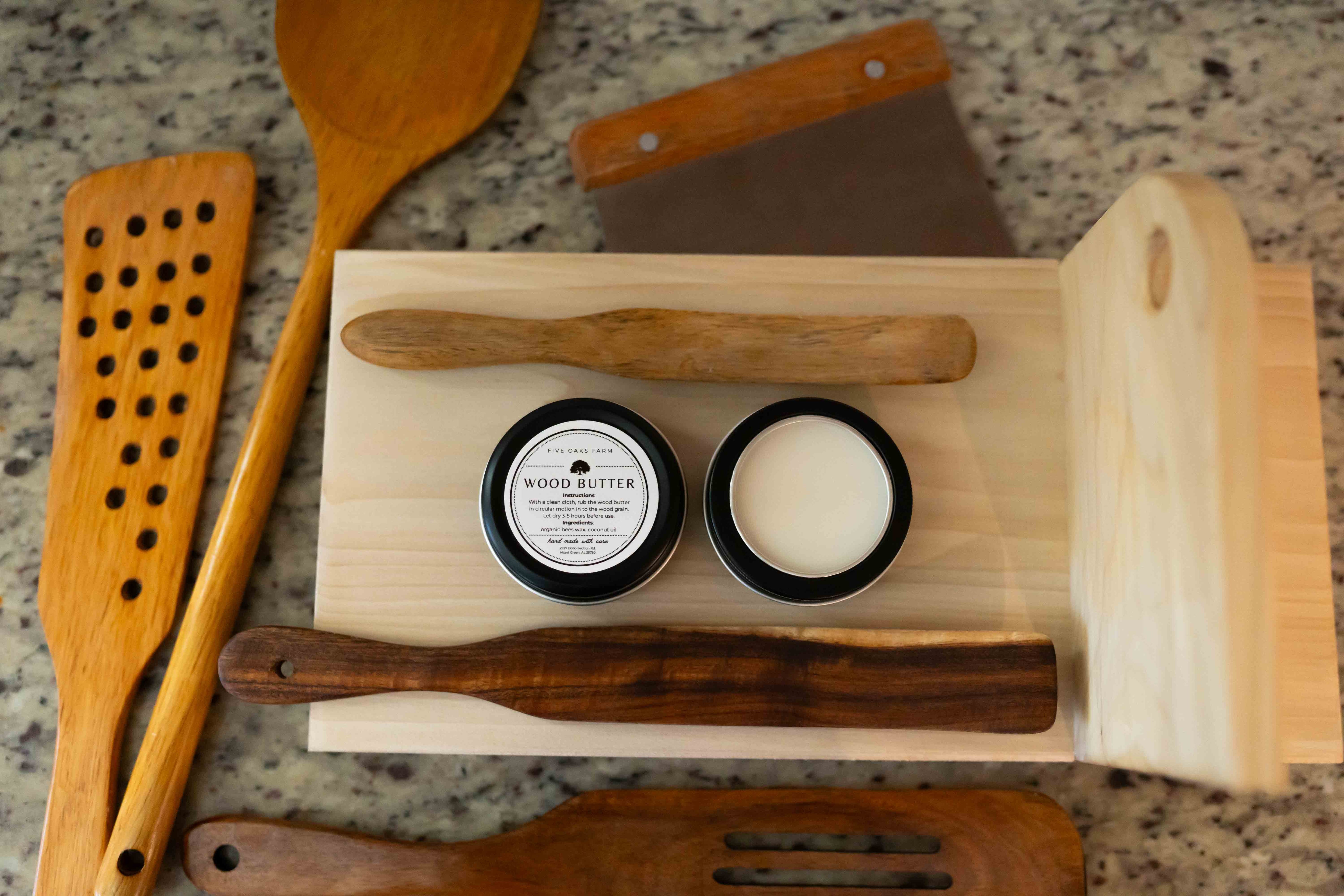 Natural wood butter from Five Oaks Farm, showing a jar of handcrafted wood conditioner and finishing product.