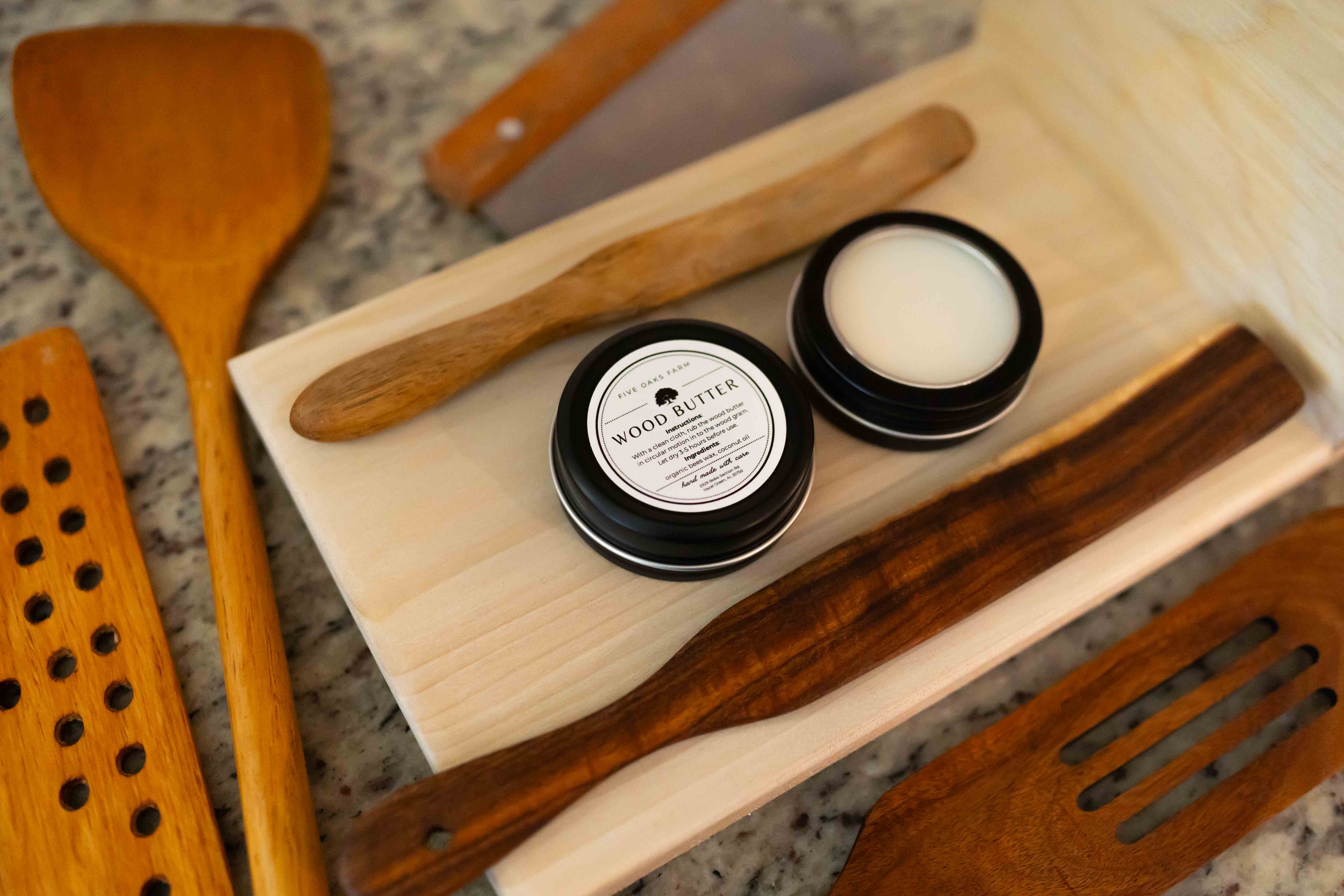 Wood Butter from Five Oaks Farm, natural finish product in a jar, used for wood care and preservation.