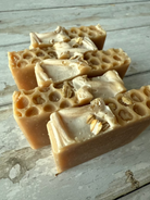 Handmade lemon honey breeze soap from Five Oaks Farm, showcasing a rustic, natural soap with fresh lemon and honey ingredients.