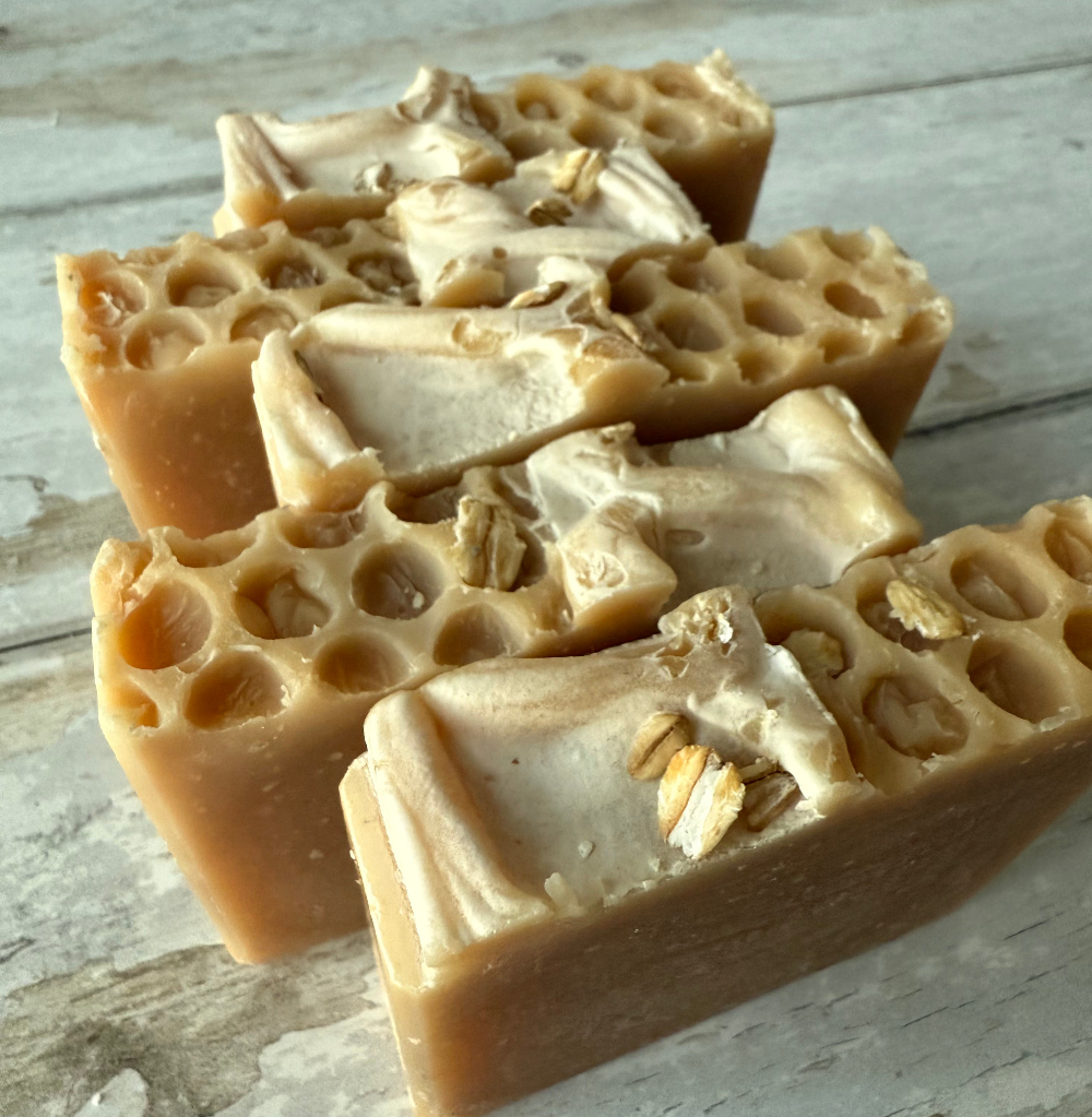 Handmade Lemon Honey Breeze soap from Five Oaks Farm, featuring fresh citrus and honey with a rustic farm-crafted appearance.