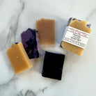 Handmade soap from Five Oaks Farm with lemon and honey scent, featuring a rustic, natural appearance and farm-fresh ingredients.