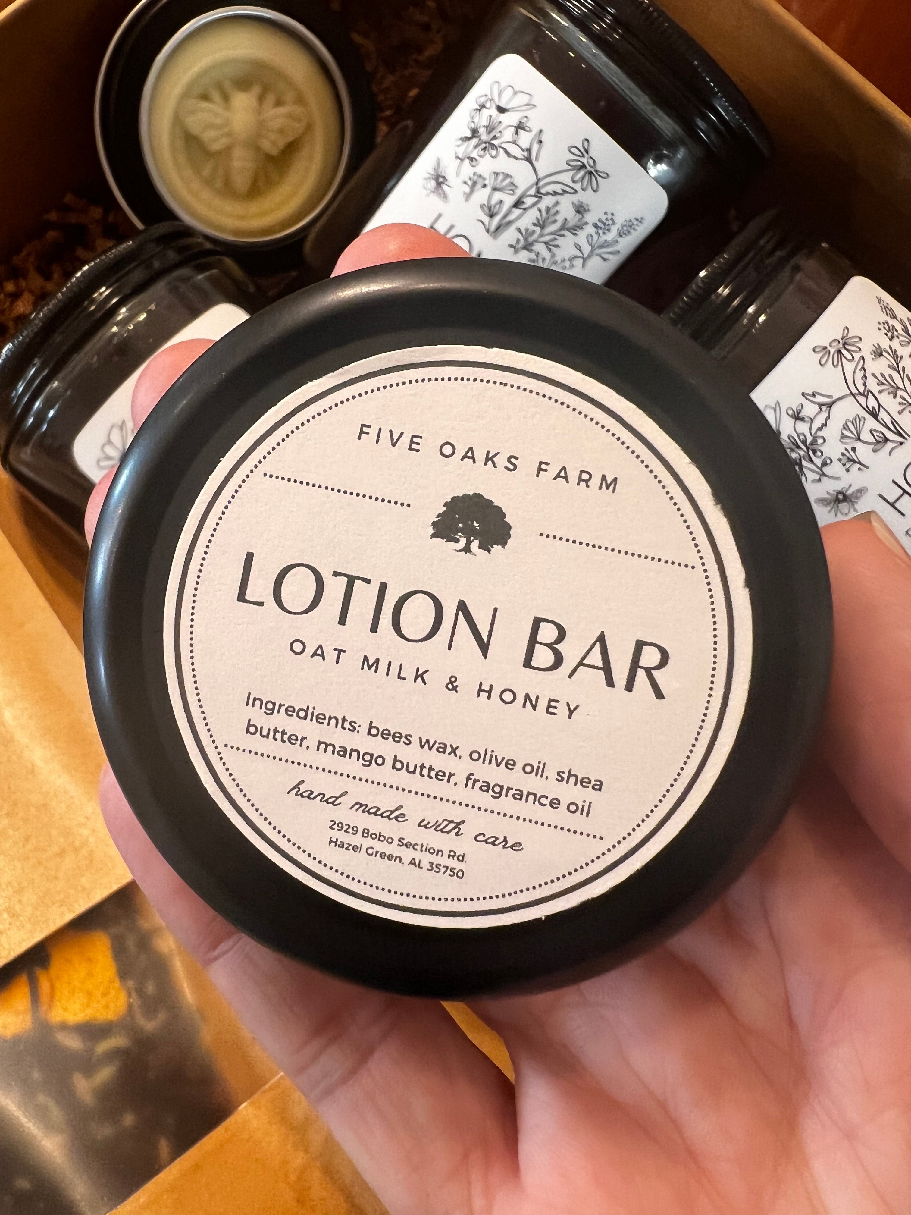 Five Oaks Farm oat milk and honey lotion bar from the farm, natural skincare product with a creamy, textured appearance.