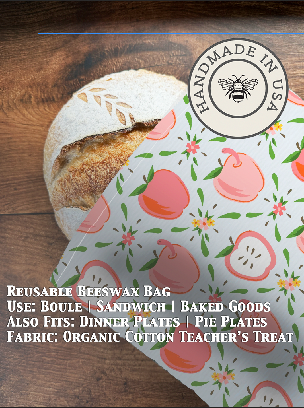 Beeswaxed bread bag from Five Oaks Farm, natural fabric with beeswax coating, ideal for storing and carrying homemade bread.