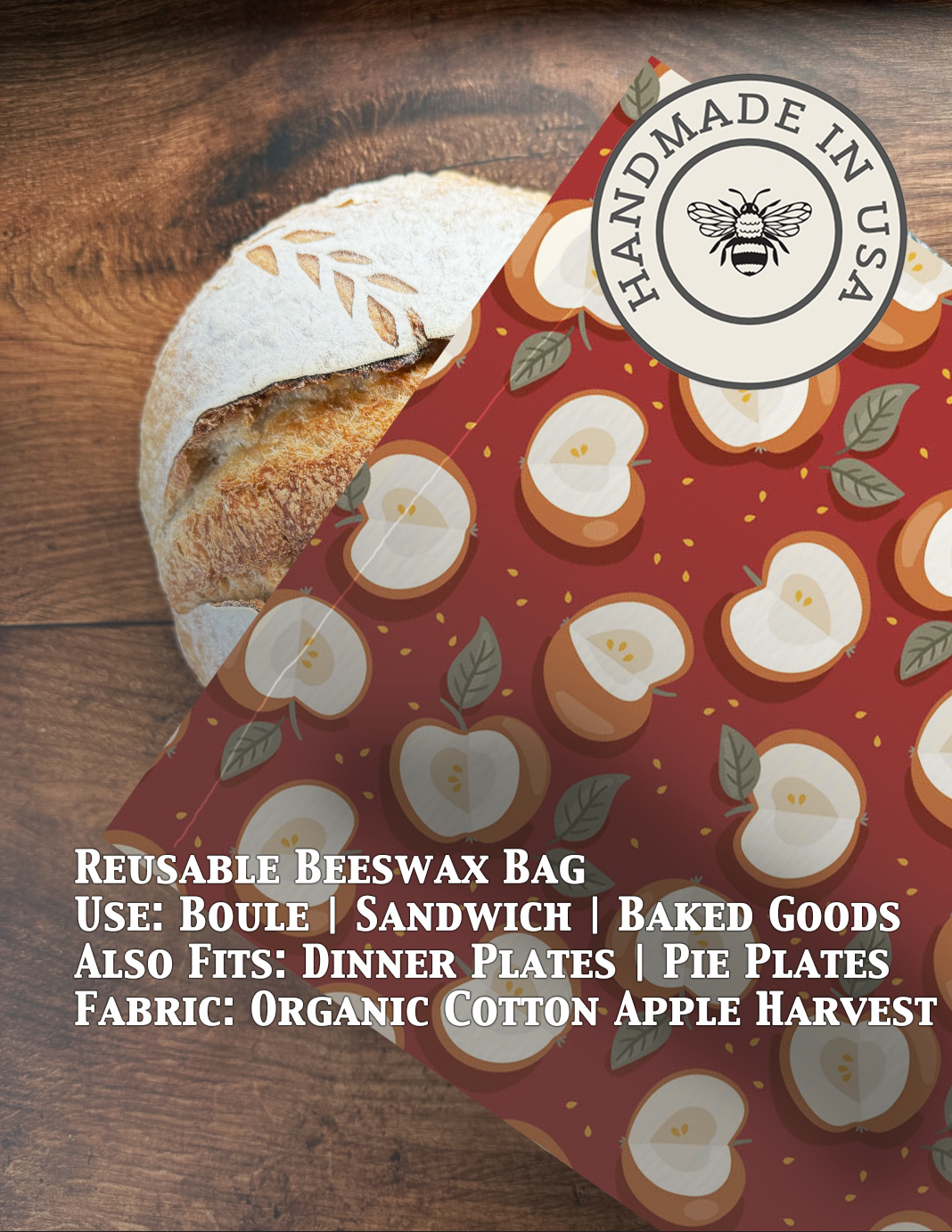 Beeswaxed bread bag from Five Oaks Farm with apple harvest design, eco-friendly storage for fresh bread and baked goods.