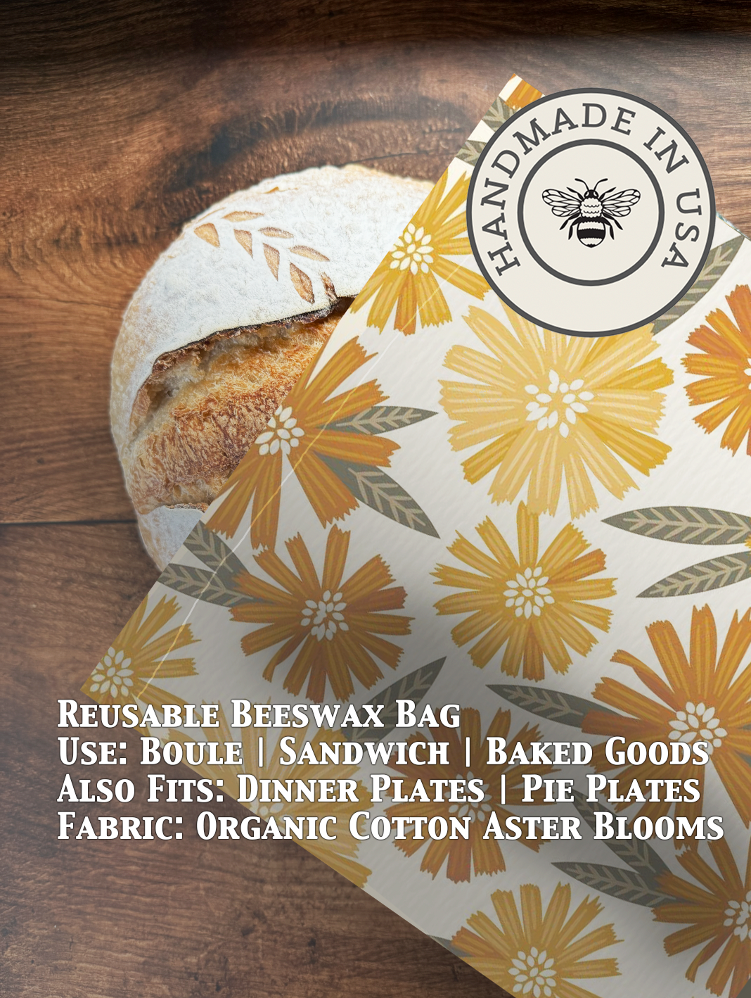 Beeswaxed bread bag from Five Oaks Farm with aster blooms pattern, natural cotton fabric for storing fresh bread.