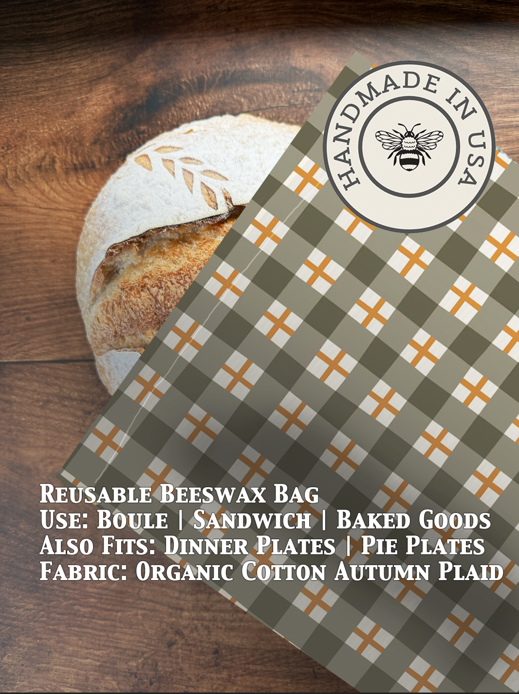 Organic cotton bread bag with beeswax coating from Five Oaks Farm, designed for storing bread and keeping it fresh.