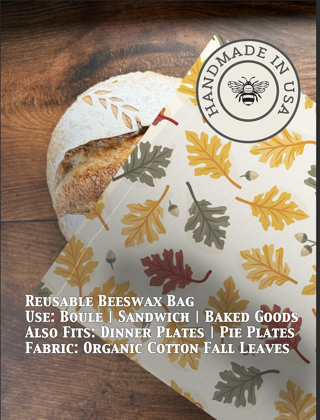 Organic cotton beeswaxed bread bag from Five Oaks Farm, reusable and eco-friendly for storing fresh bread.