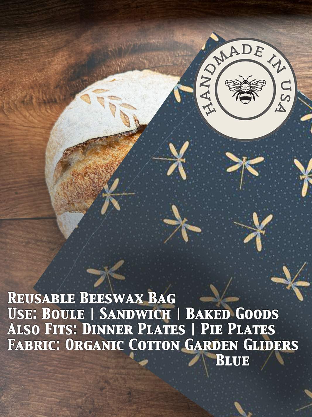 Blue beeswaxed bread bag from Five Oaks Farm with garden-themed design, perfect for storing fresh bread and bakery items.