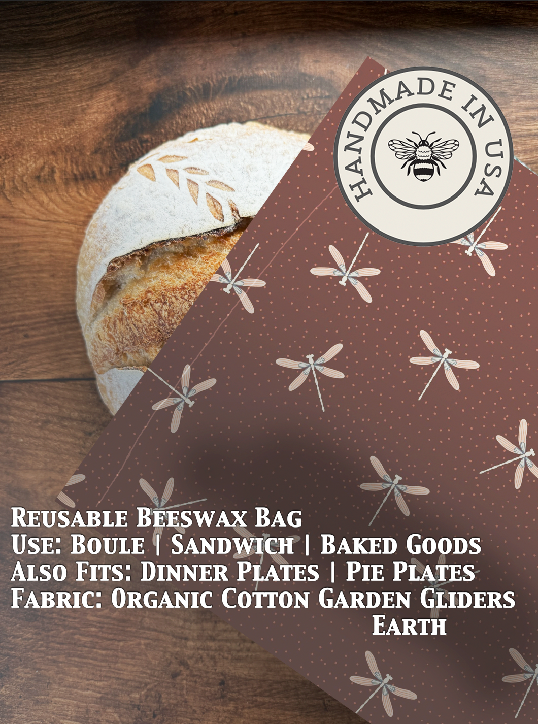 Organic cotton bread bag from Five Oaks Farm, beeswaxed and reusable, ideal for storing fresh bread naturally.