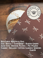 Organic cotton bread bag from Five Oaks Farm, beeswaxed and reusable, ideal for storing fresh bread naturally.