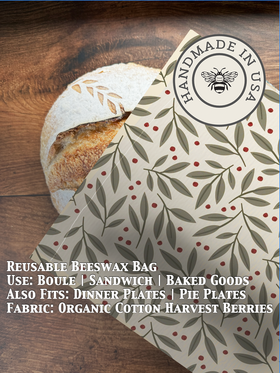 Beeswaxed bread bag from Five Oaks Farm with fresh harvest berries design, natural reusable storage for bread and baked goods.