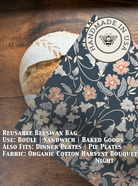 Organic cotton bread bag from Five Oaks Farm, beeswaxed and eco-friendly, designed for storing fresh bread naturally.
