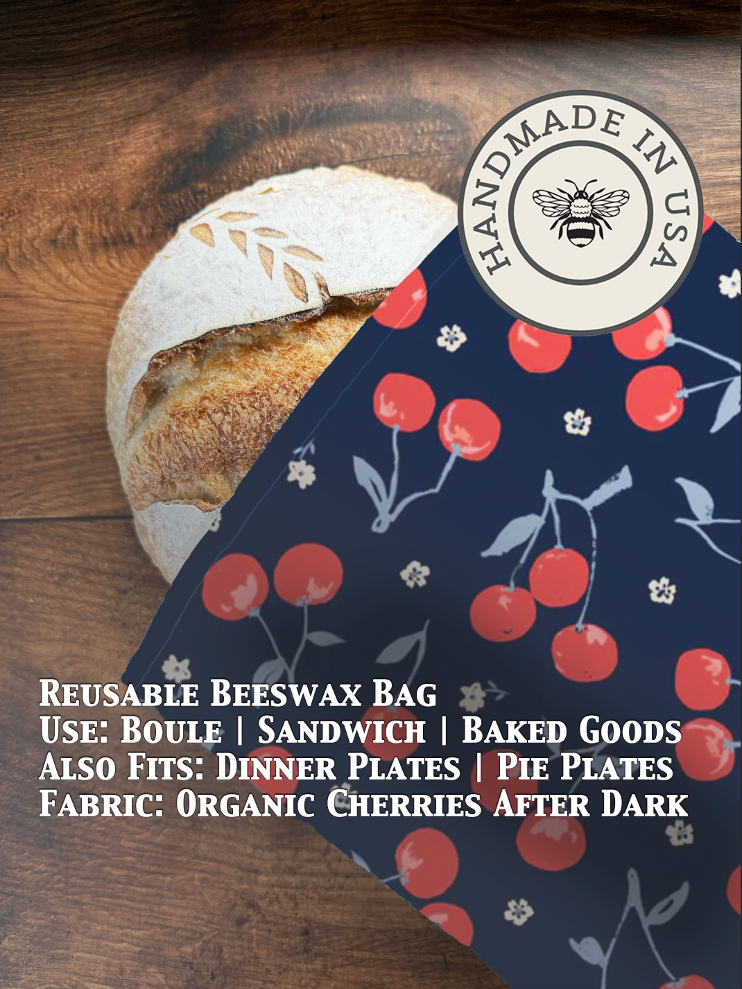 Dark-colored beeswaxed bread bag from Five Oaks Farm, featuring a natural cloth design ideal for storing and protecting bread.