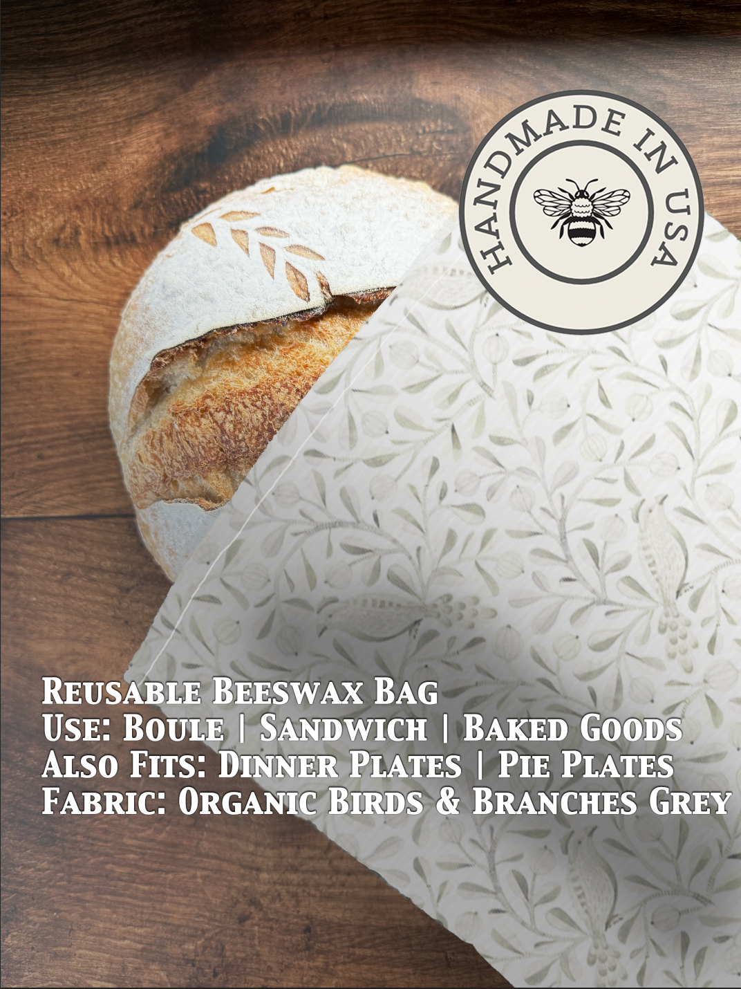 Grey beeswaxed bread bag from Five Oaks Farm with birds and branches design, ideal for storing homemade bread naturally.