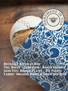 Beeswaxed bread bag from Five Oaks Farm with birds and branches design, made for storing fresh bread naturally.