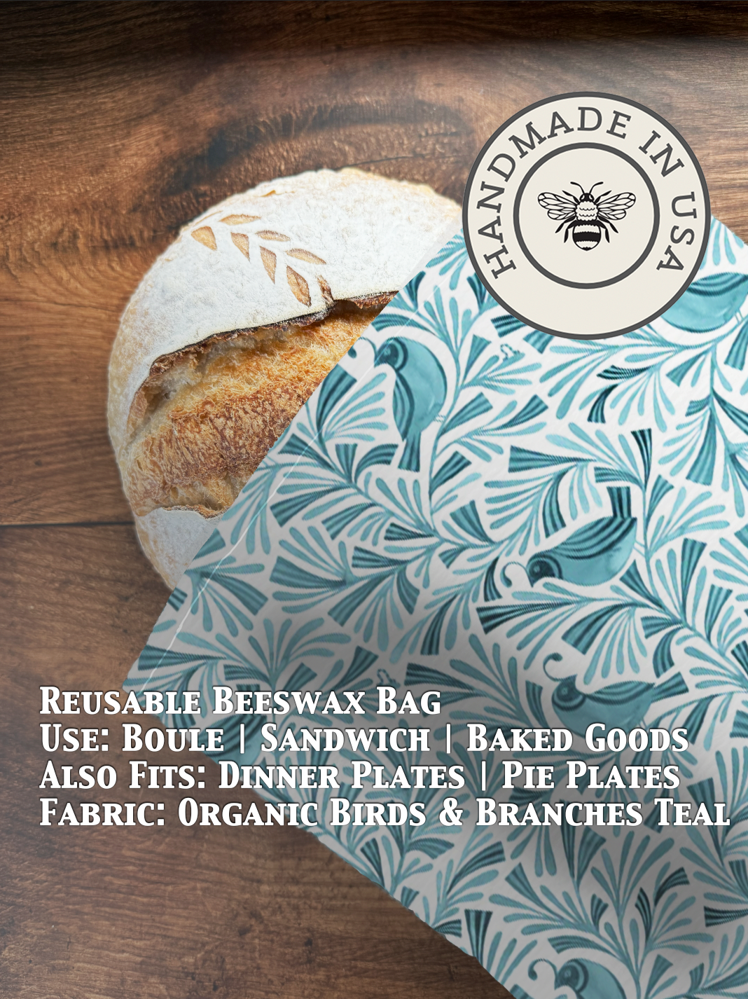 Teal bread bag with birds and branches pattern from Five Oaks Farm, made from beeswaxed fabric for eco-friendly storage.