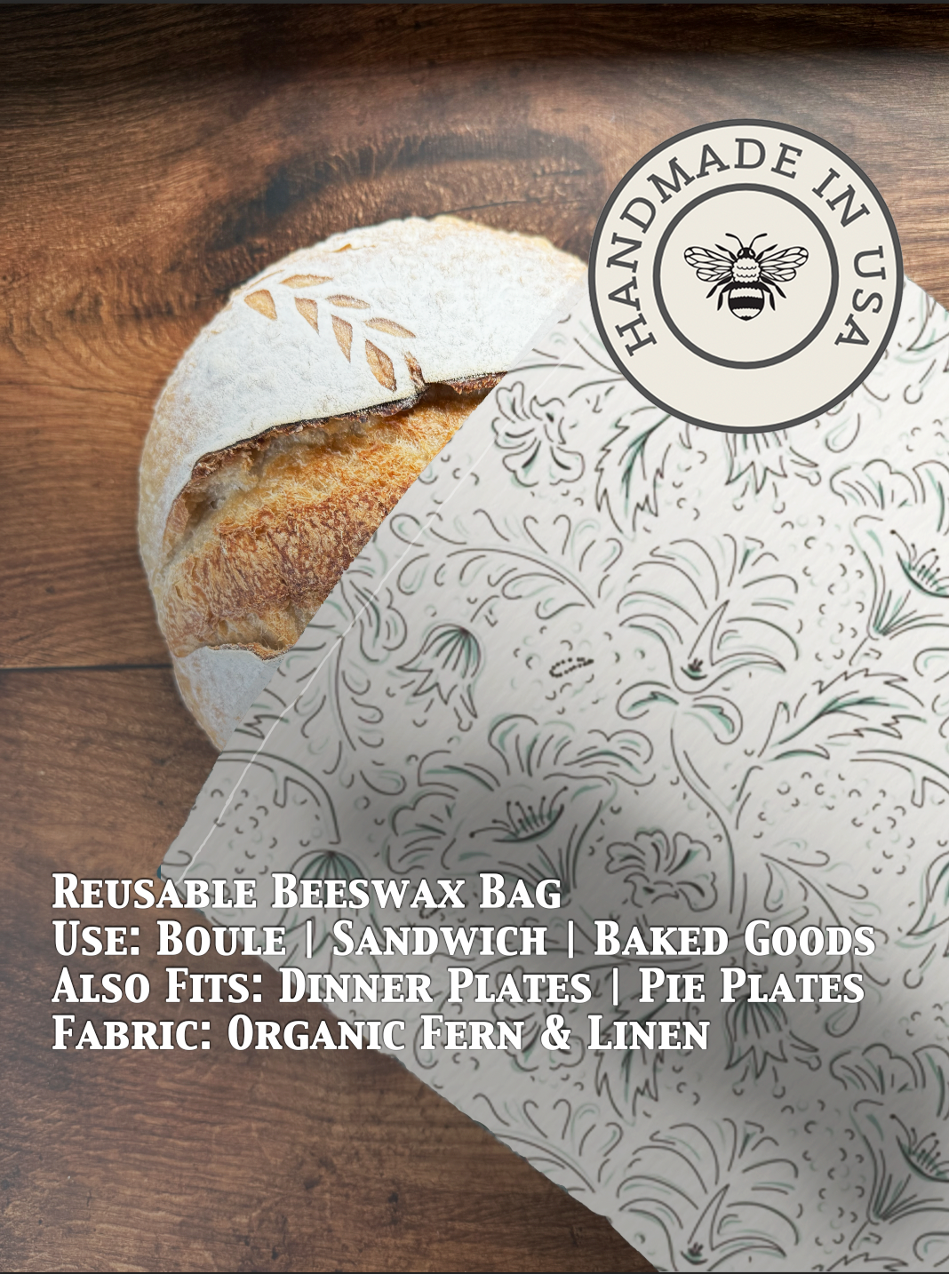 Beeswaxed bread bag from Five Oaks Farm with fern linen design, ideal for storing freshly baked bread naturally.