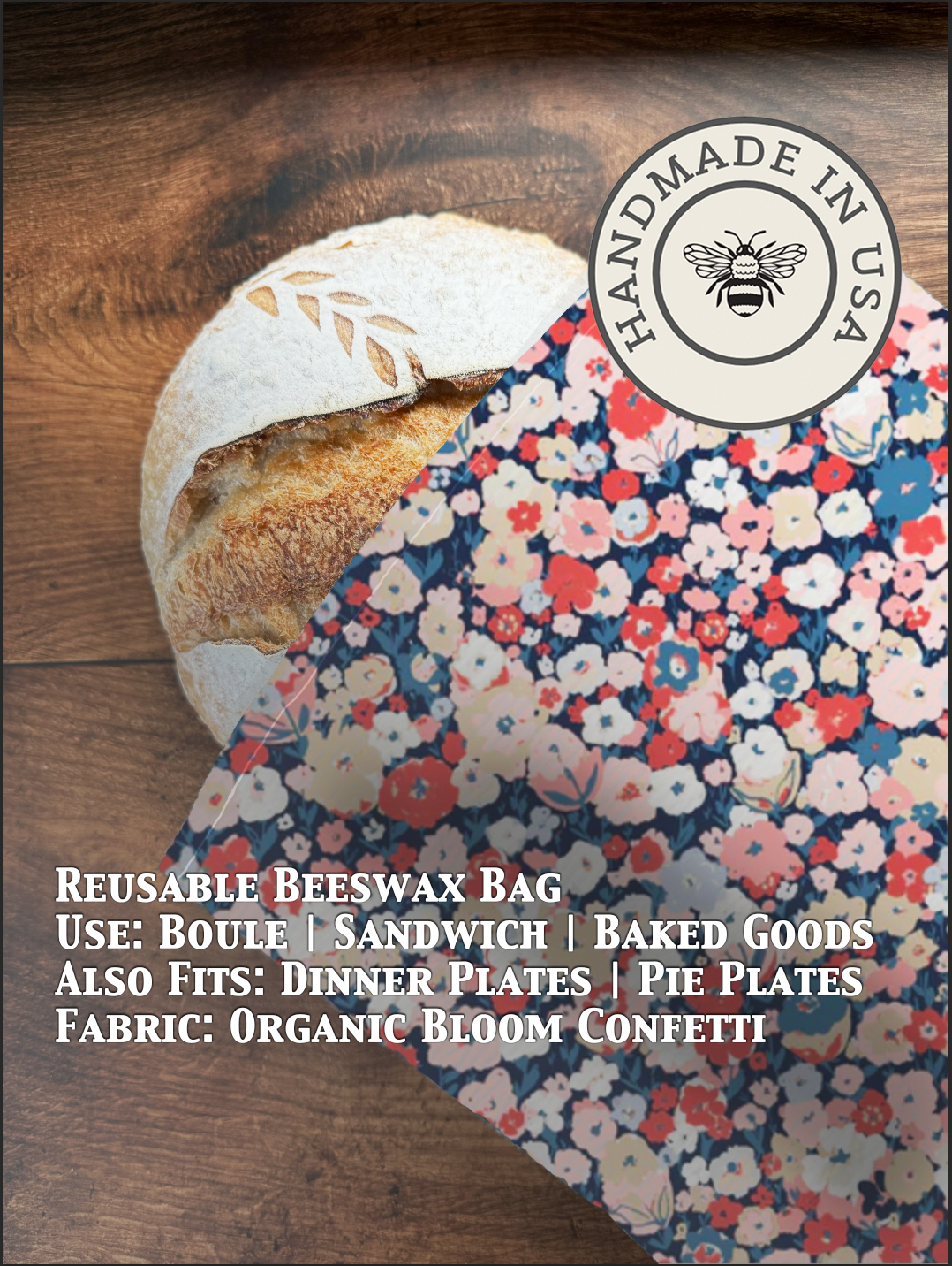 Beeswaxed bread bag from Five Oaks Farm with a vibrant garden design, perfect for storing fresh bread naturally.