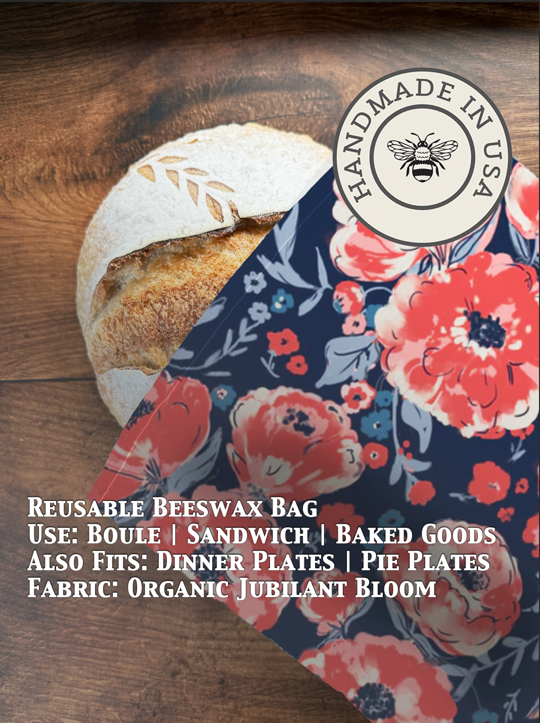 Beeswaxed bread bag from Five Oaks Farm, featuring natural beeswax coating and fabric for storing fresh bread.