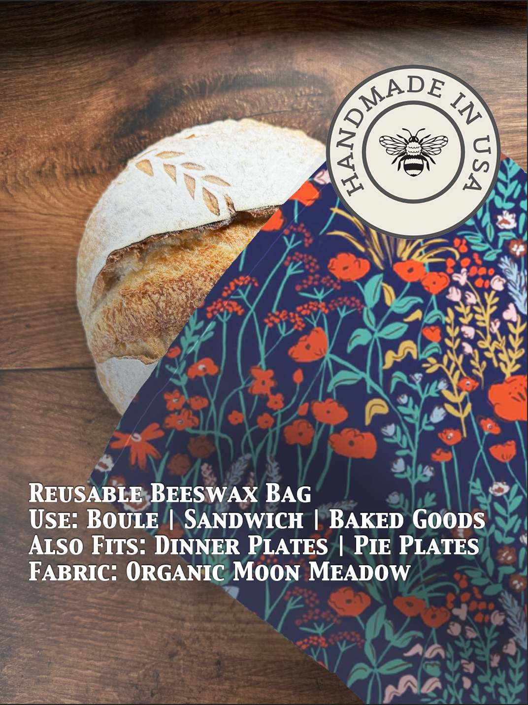 Bee waxed bread bag from Five Oaks Farm, natural fabric with Moon Meadow design, ideal for storing fresh bread sustainably.