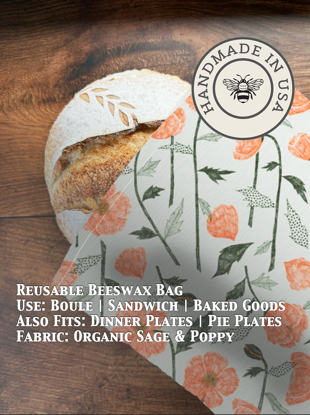 Sage beeswaxed bread bag from Five Oaks Farm with natural, reusable fabric for storing and protecting bread.