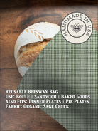 Sage-colored beeswaxed bread bag from Five Oaks Farm, featuring natural beeswax coating and checkered pattern for fresh bread storage