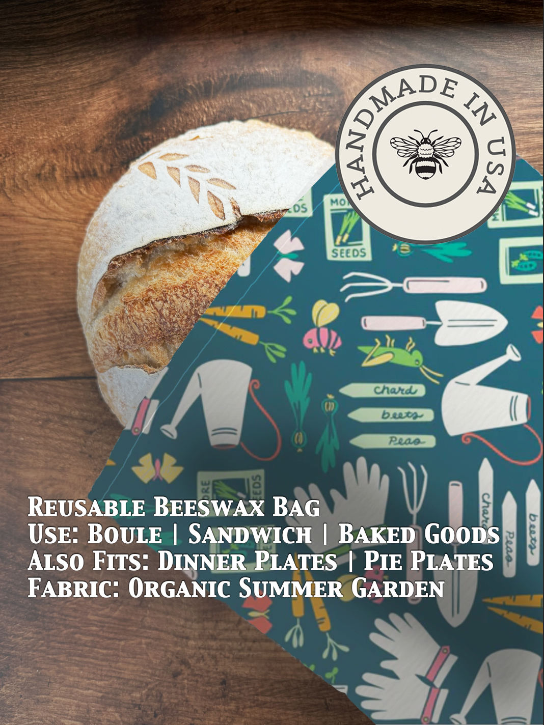 Beeswaxed bread bag from Five Oaks Farm with a summer garden design, made for storing bread in a natural, eco-friendly way.
