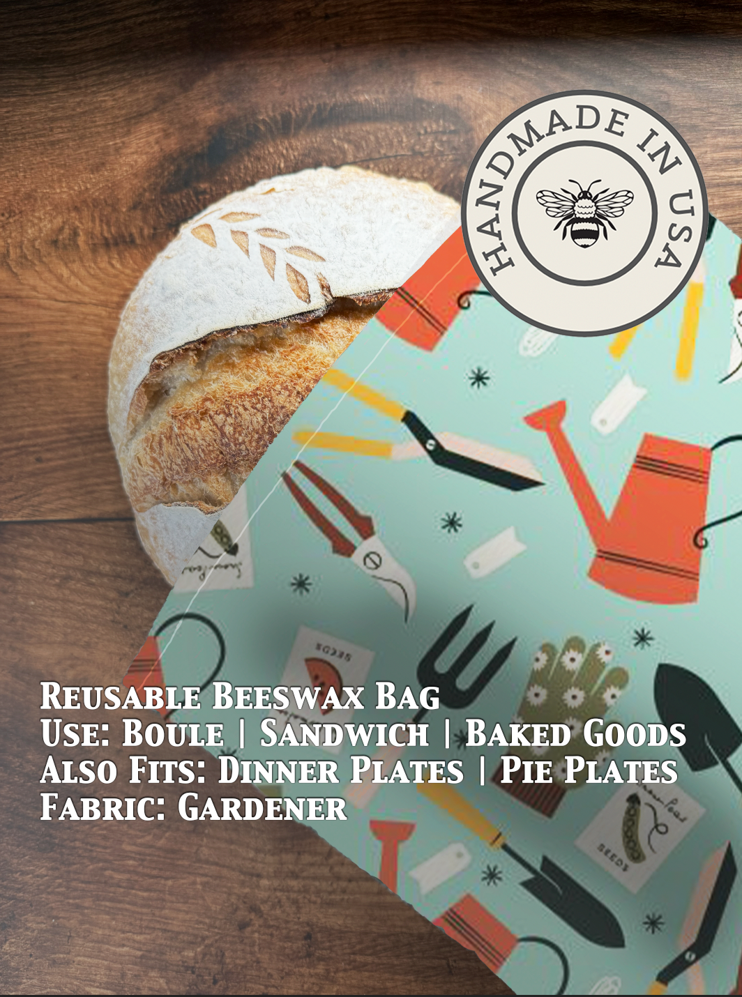 Beeswaxed bread bag from Five Oaks Farm, eco-friendly cloth storage for fresh bread, natural and reusable kitchen accessory.