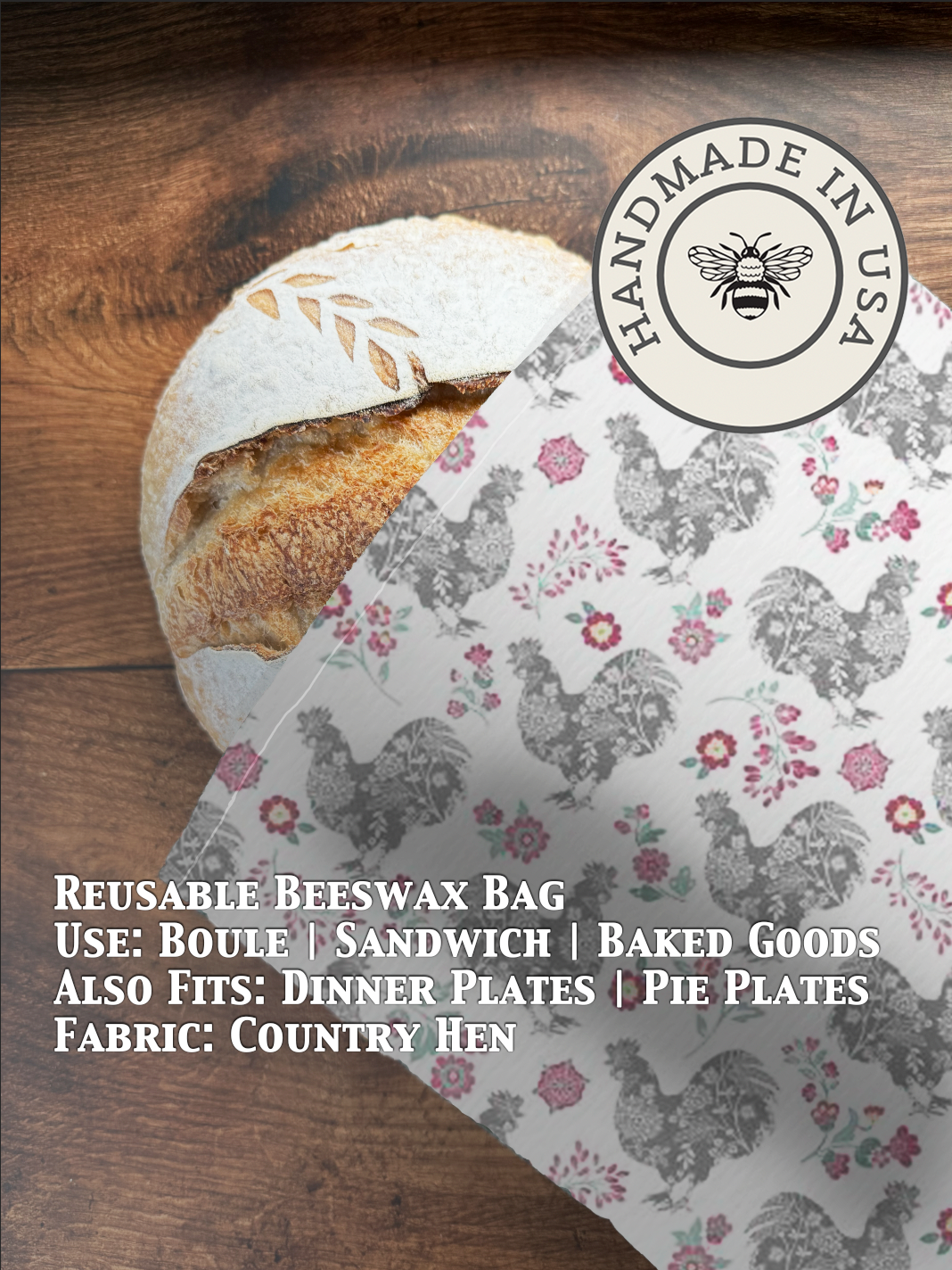 Beeswaxed bread bag from Five Oaks Farm featuring a country hen design, ideal for storing bread naturally.