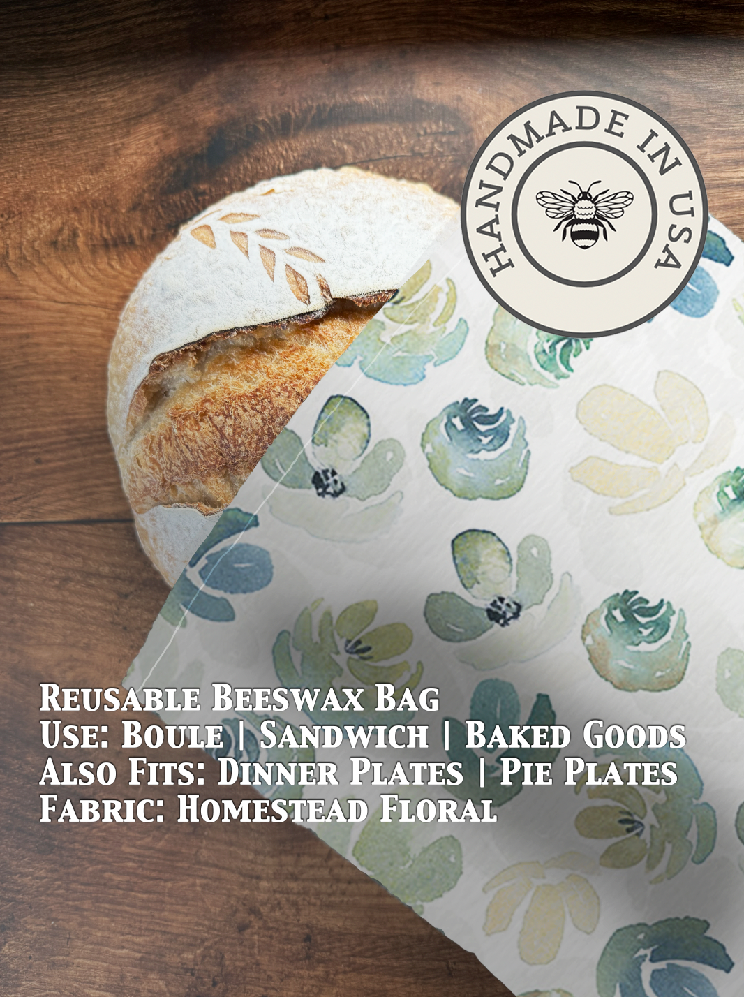 Beeswaxed bread bag from Five Oaks Farm with floral pattern, ideal for storing fresh bread in a natural, eco-friendly way