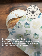 Beeswaxed bread bag from Five Oaks Farm with floral pattern, ideal for storing fresh bread in a natural, eco-friendly way