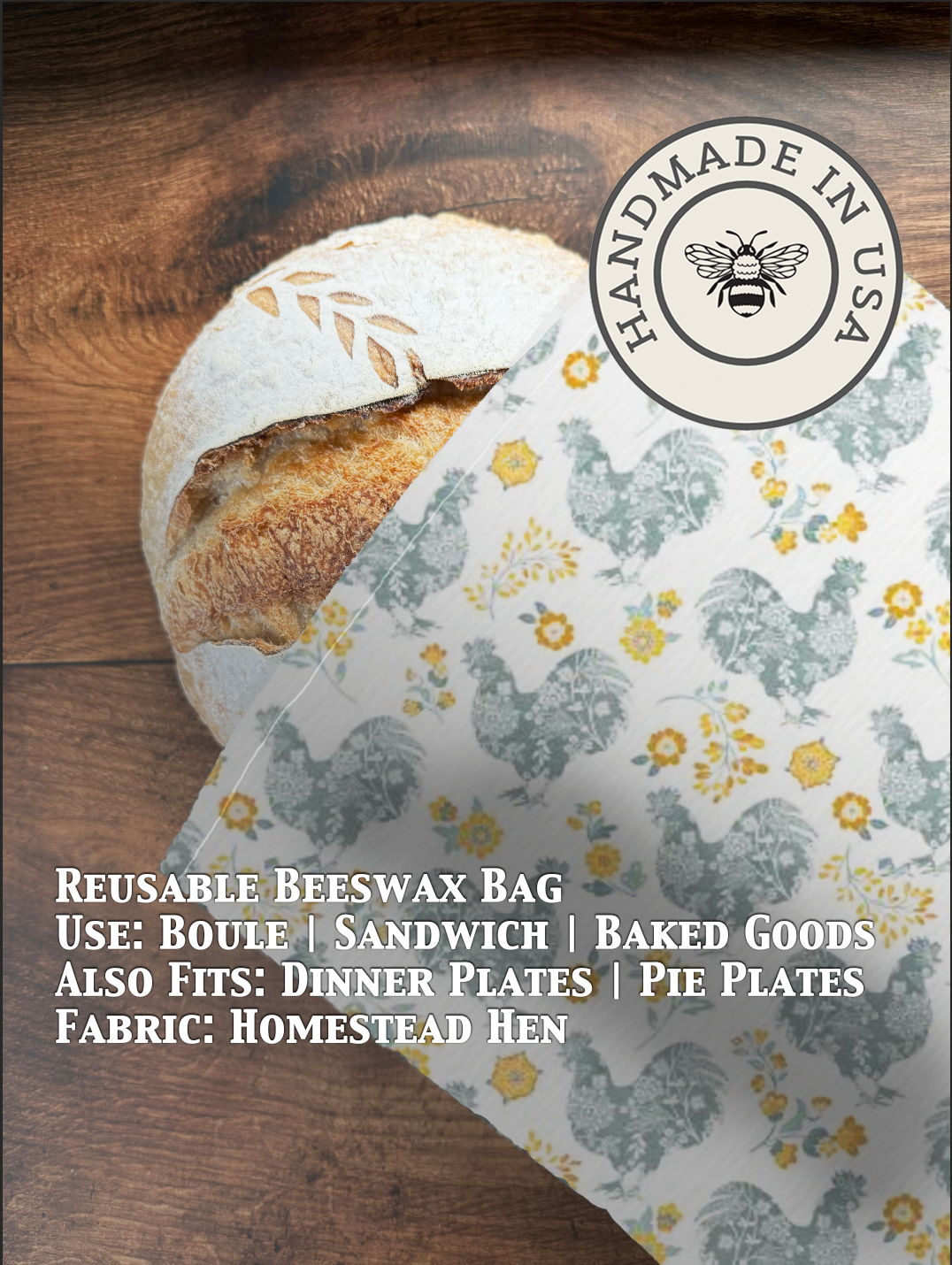 Beeswaxed bread bag from Five Oaks Farm with a homestead hen illustration, ideal for storing fresh bread naturally.