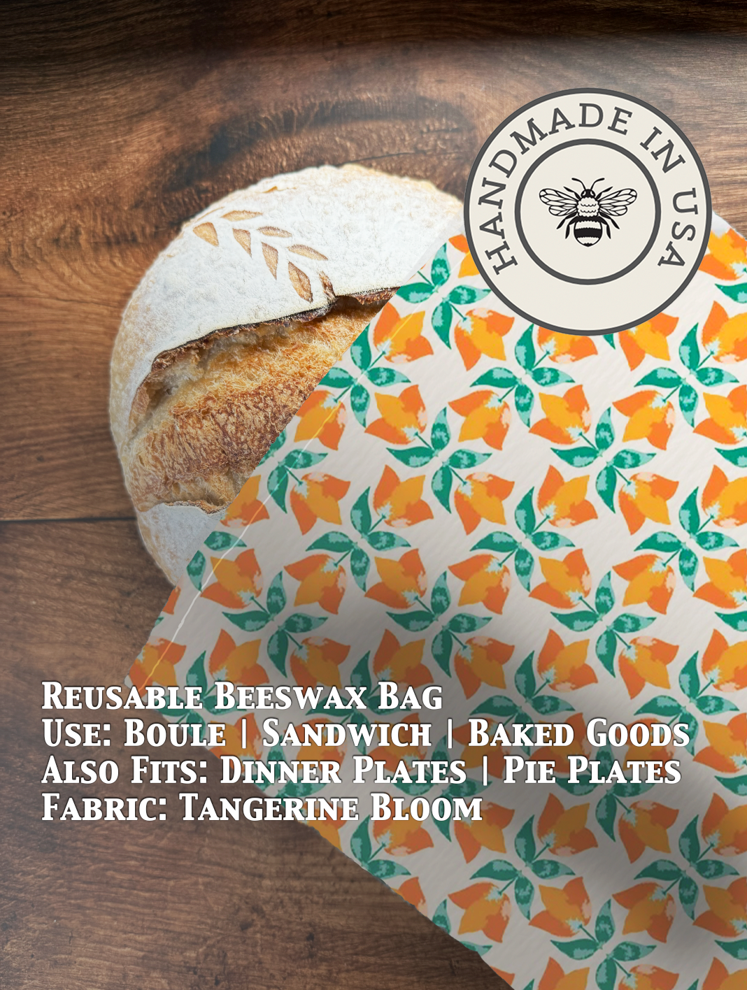 Beeswaxed bread bag from Five Oaks Farm with a vibrant Tangerine Bloom floral pattern, ideal for storing baked goods.