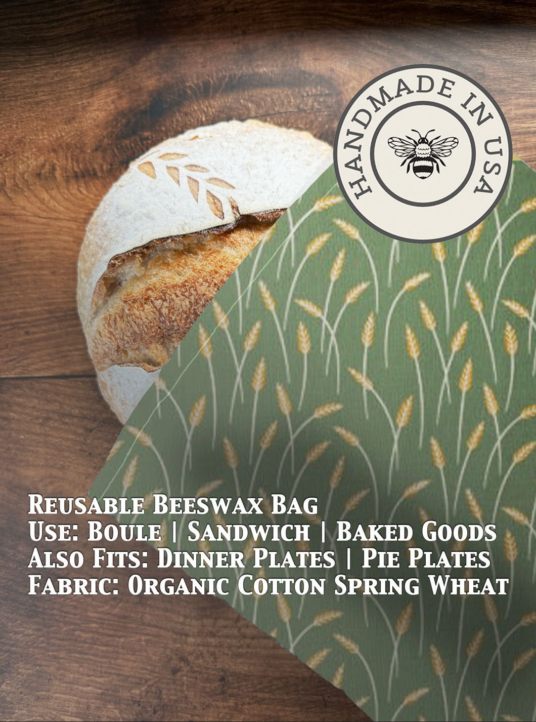 Beeswaxed bread bag from Five Oaks Farm, eco-friendly storage for fresh bread, with natural beeswax coating and farm branding.