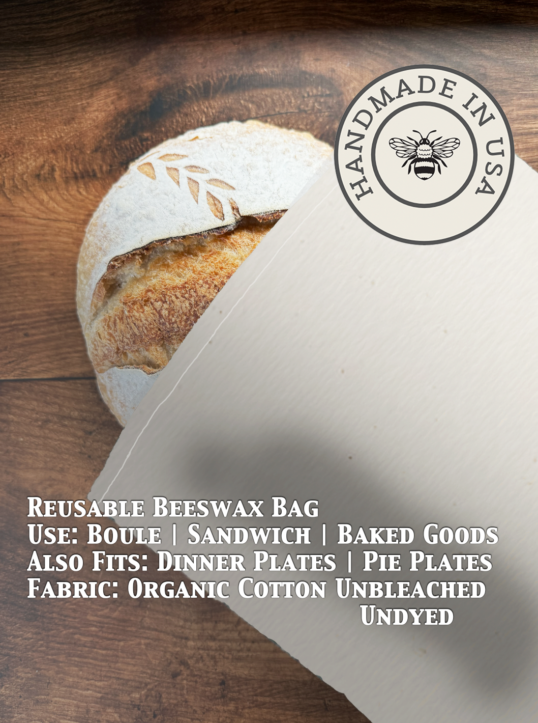 Unbleached, undyed beeswaxed bread bag from Five Oaks Farm, natural cotton with beeswax coating for fresh bread storage.